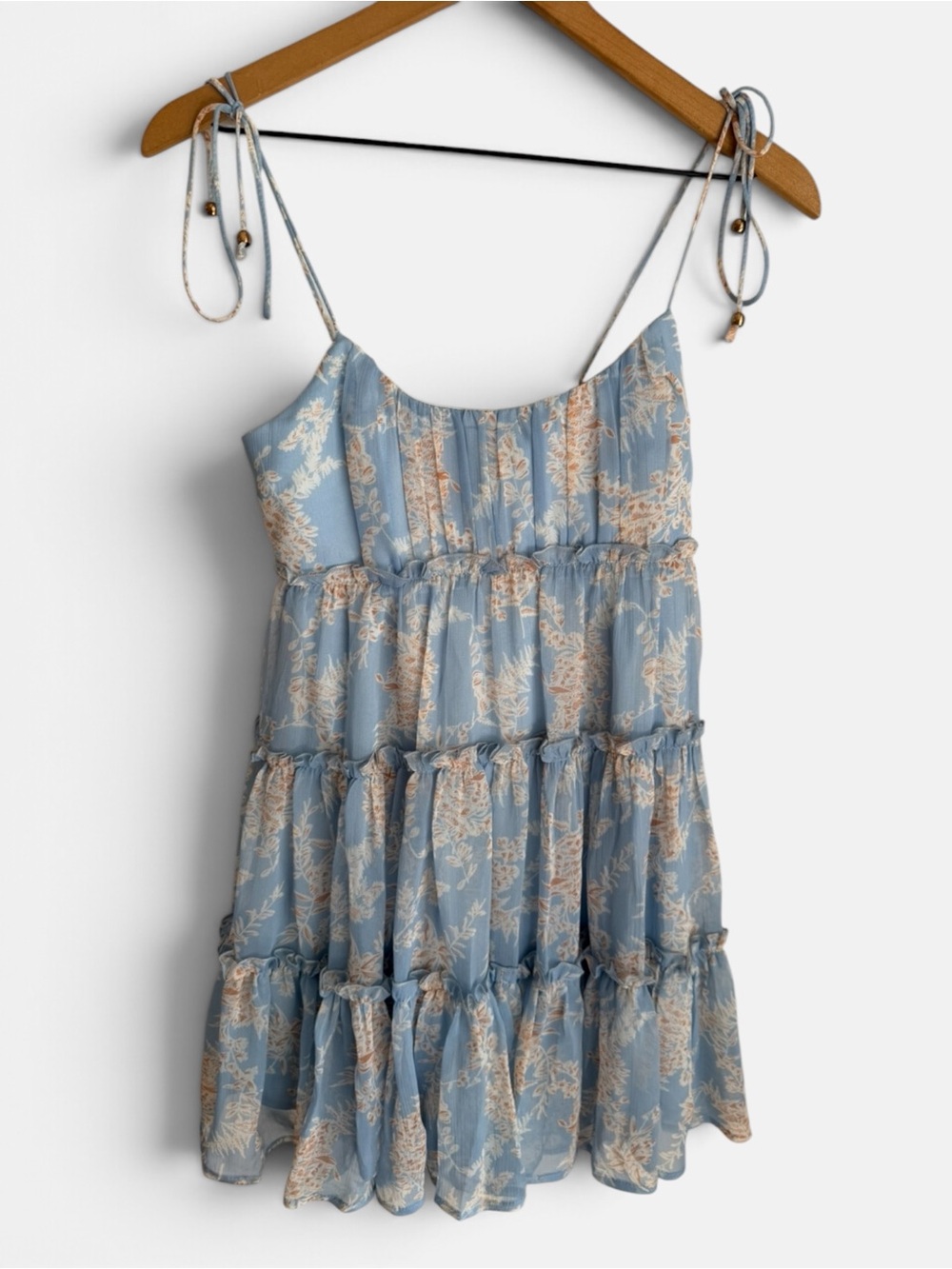 Angel Biba Sundress Light Blue Floral Tie-Shoulder Tiered Dress Size Small